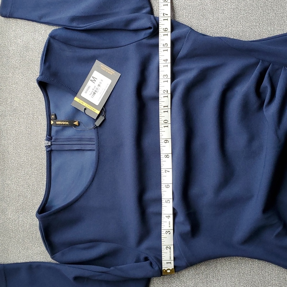 🆕️ MIUSOL Navy Blue Ruched ¾ Sleeve Cascade Ruffle Bodycon Dress SIZE: M - Picture 7 of 12